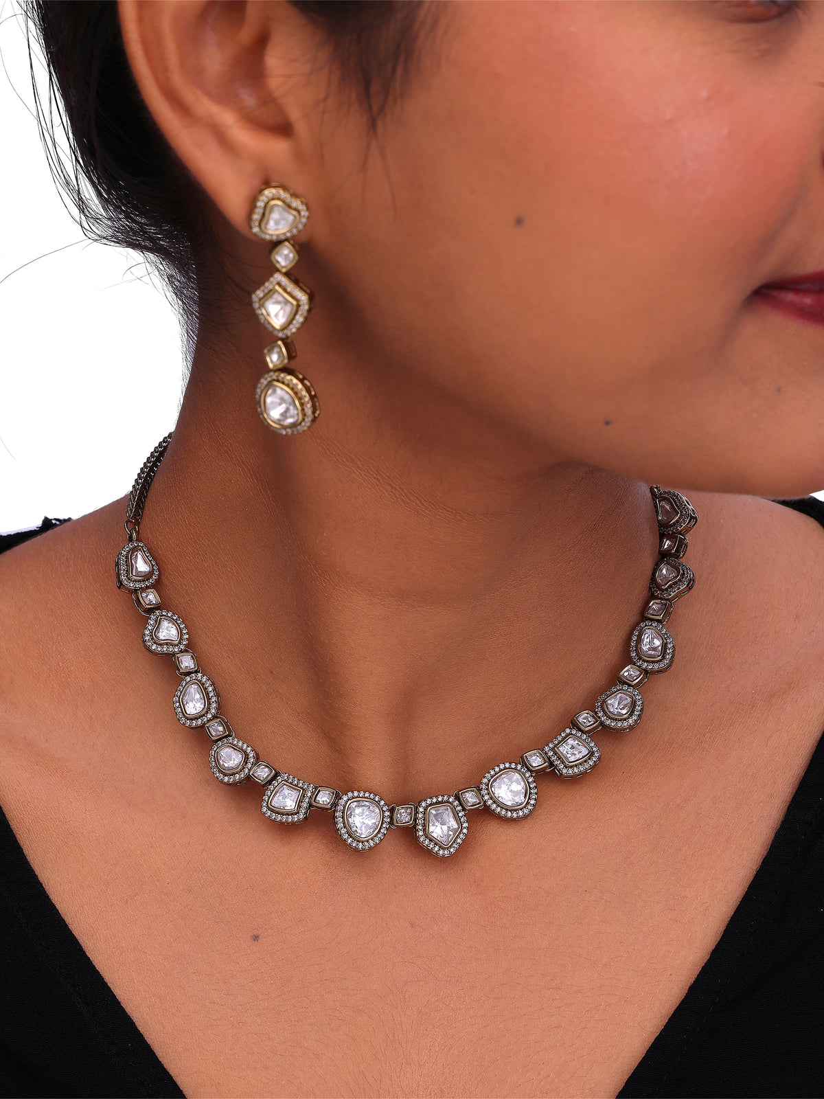 Women’s AD & Kundan Inspired Necklace Set with Matching Drop Earrings.