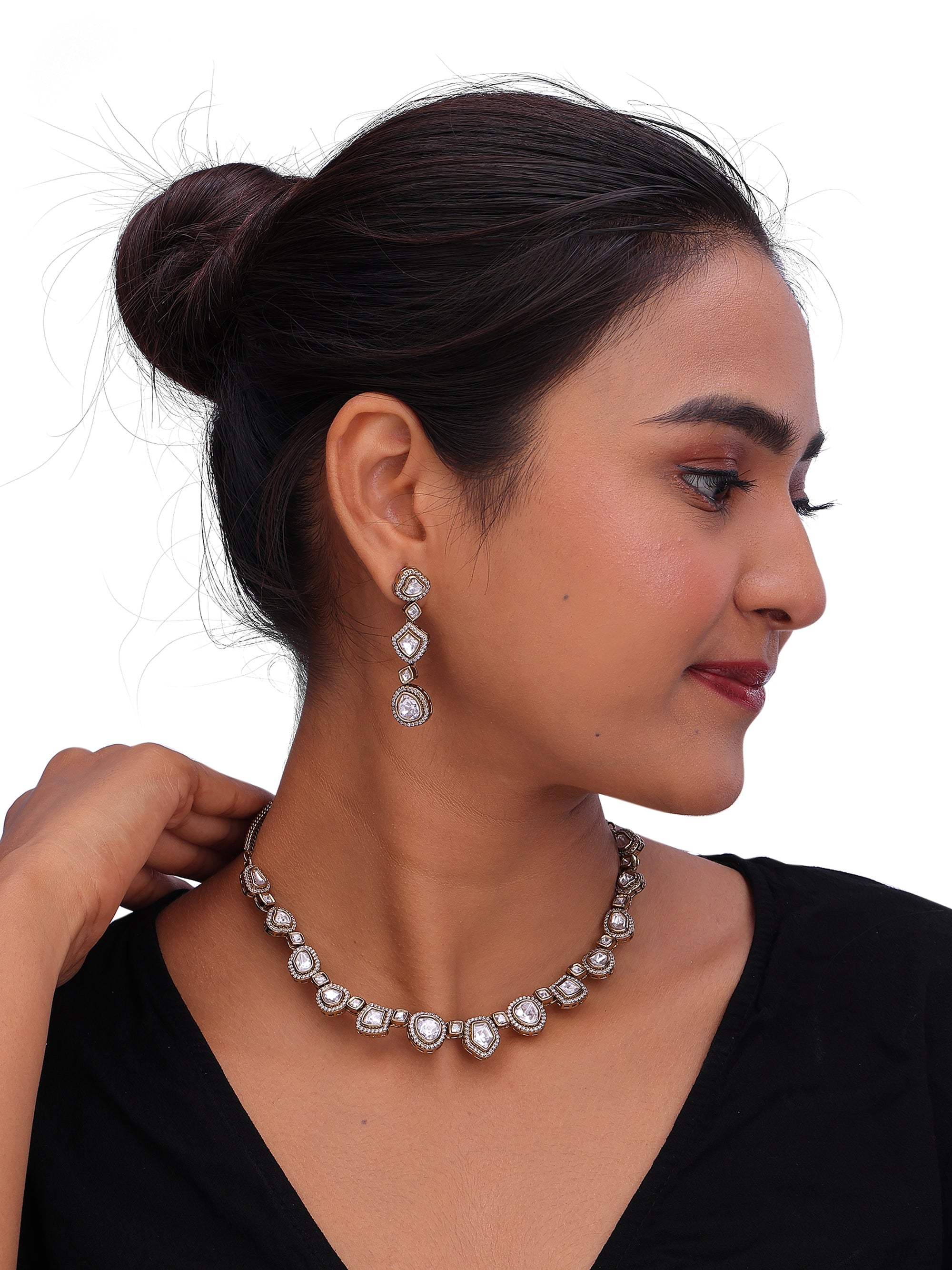 Women’s AD & Kundan Inspired Necklace Set with Matching Drop Earrings.