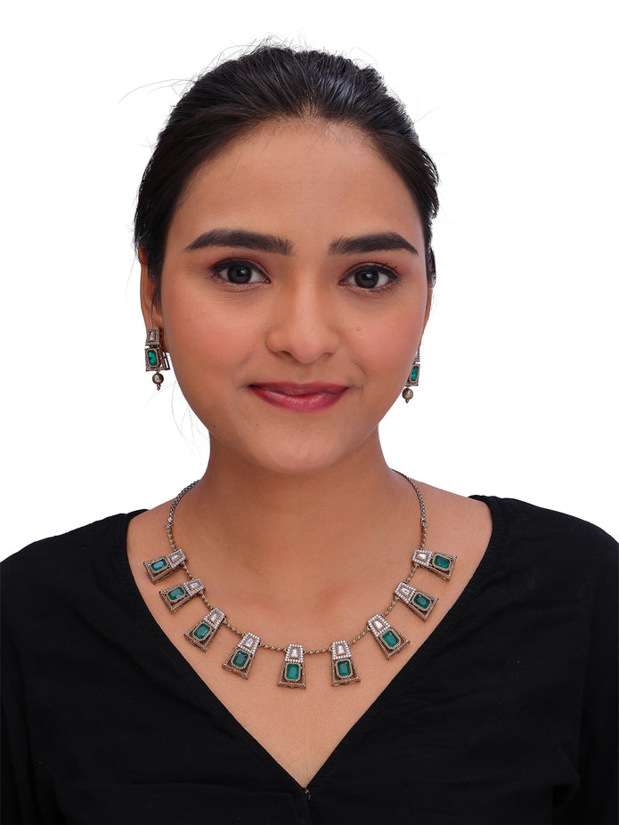 Women’s Green Stone Necklace Set with Matching Earrings
