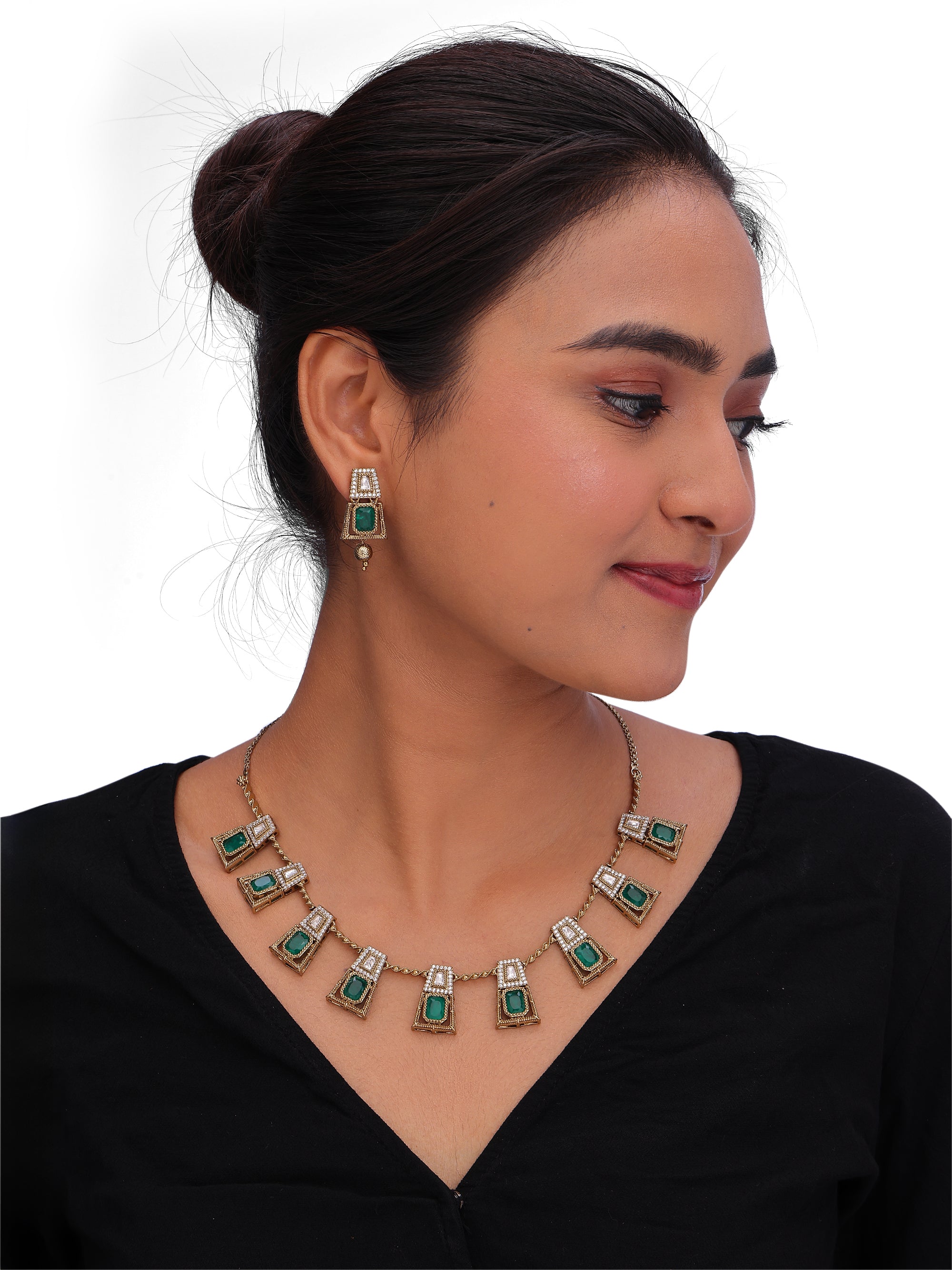 Women’s Green Stone Necklace Set with Matching Earrings