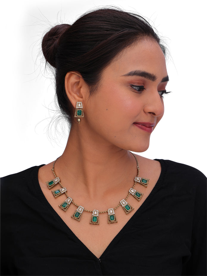 Women’s Green Stone Necklace Set with Matching Earrings