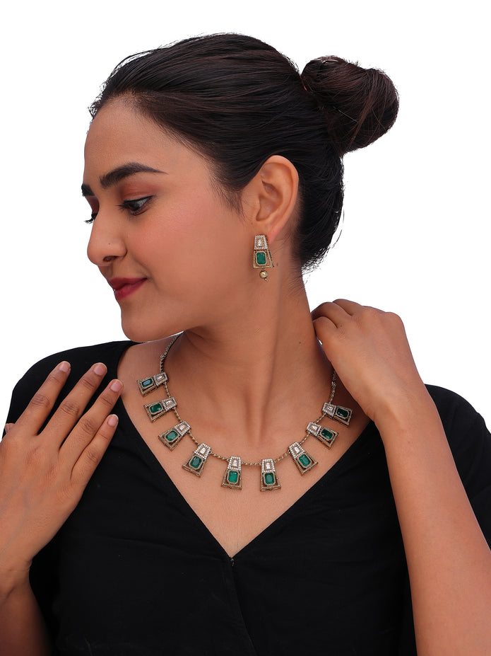 Women’s Green Stone Necklace Set with Matching Earrings