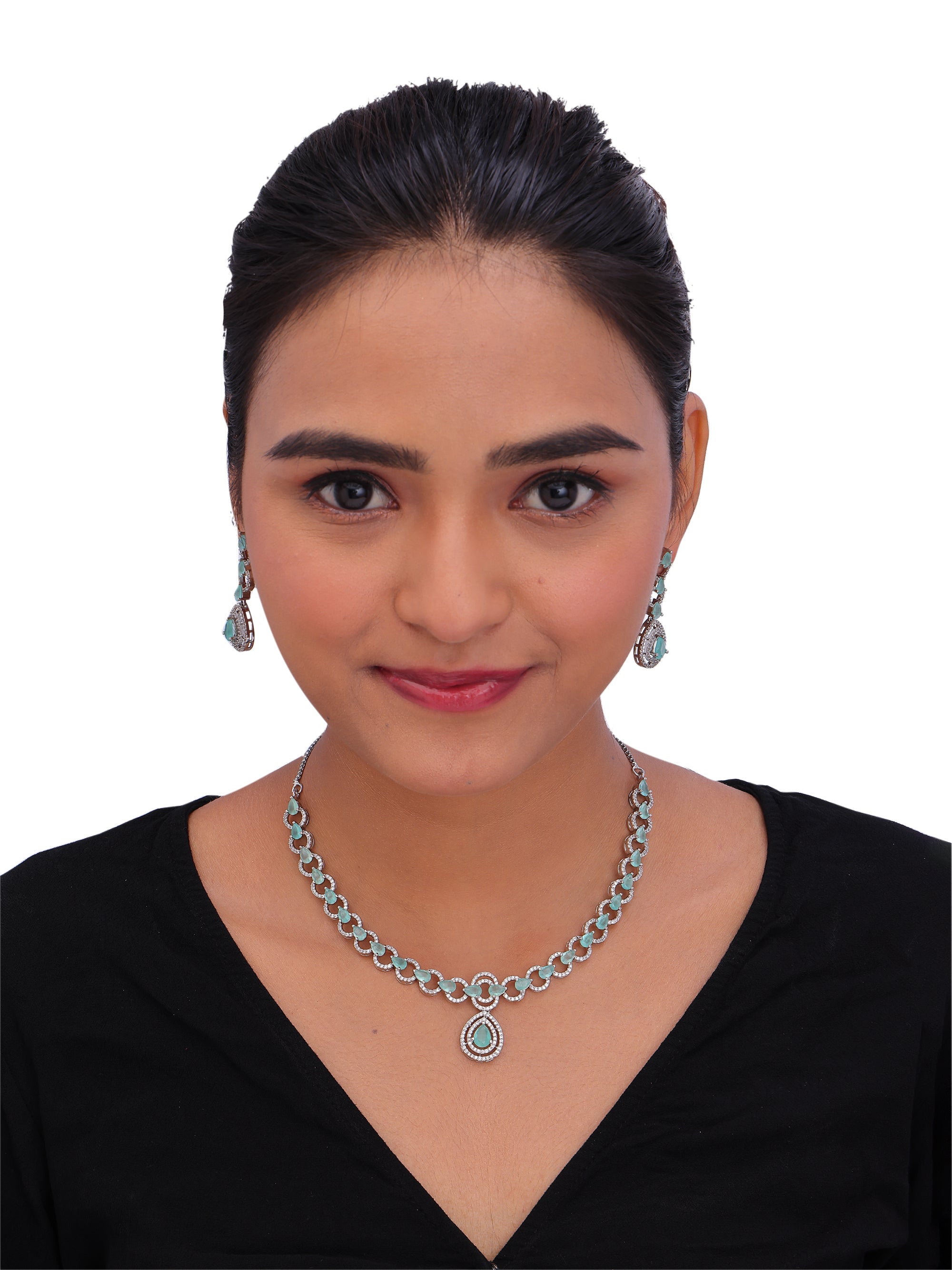 Elegant Silver-Tone Aqua Stone Necklace & Earrings Set for Women