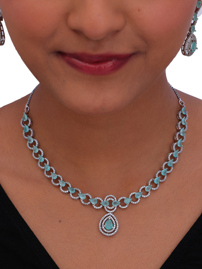 Elegant Silver-Tone Aqua Stone Necklace & Earrings Set for Women