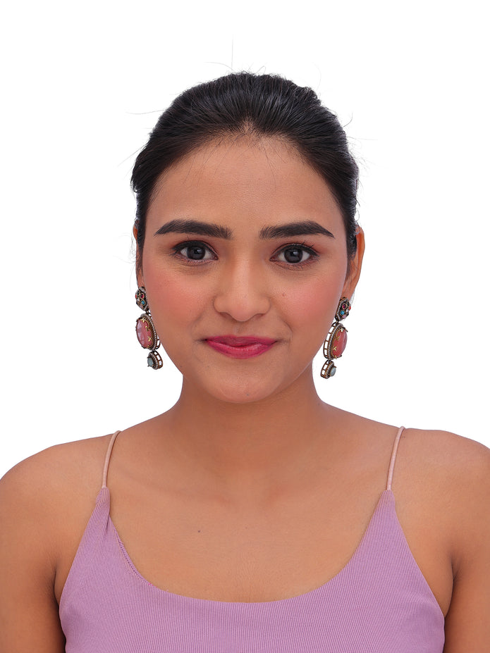 Multicolor Statement Drop Earrings with Pink Oval Stone & Crystal Detailing