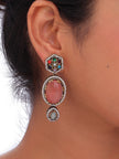 Multicolor Statement Drop Earrings with Pink Oval Stone & Crystal Detailing