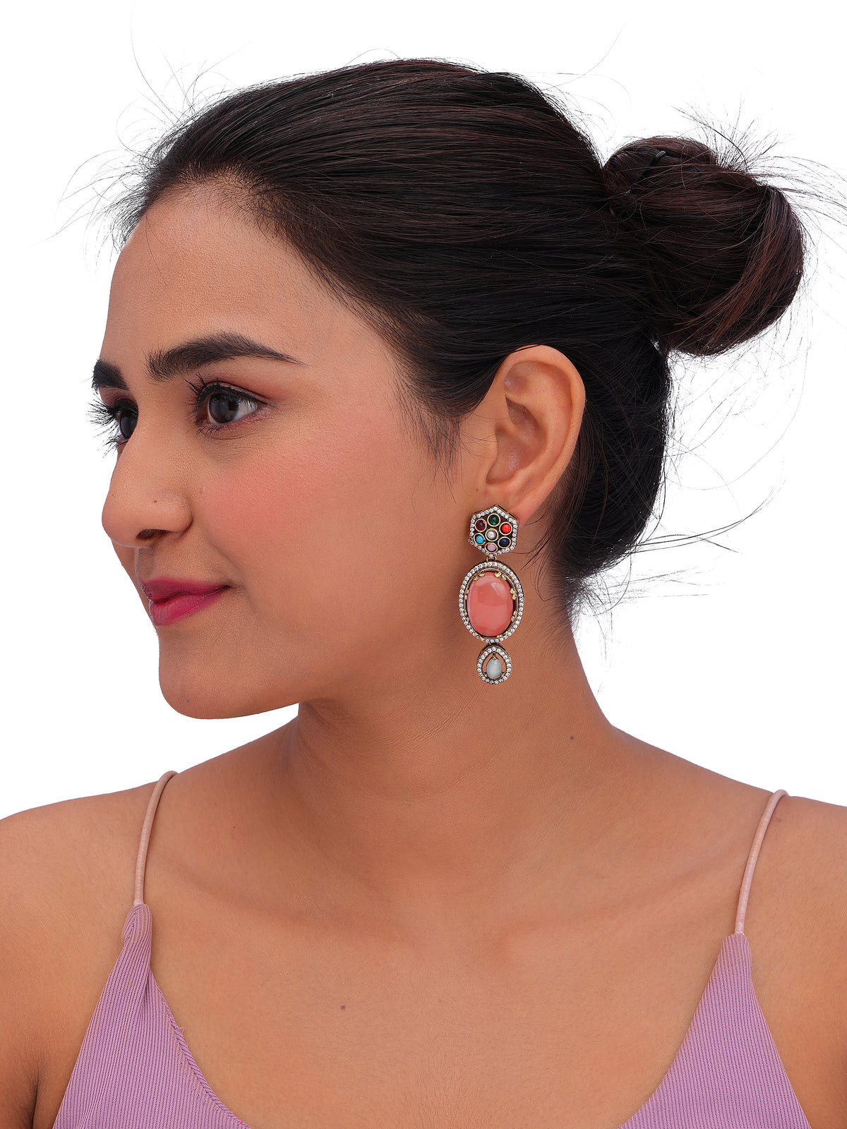 Multicolor Statement Drop Earrings with Pink Oval Stone & Crystal Detailing