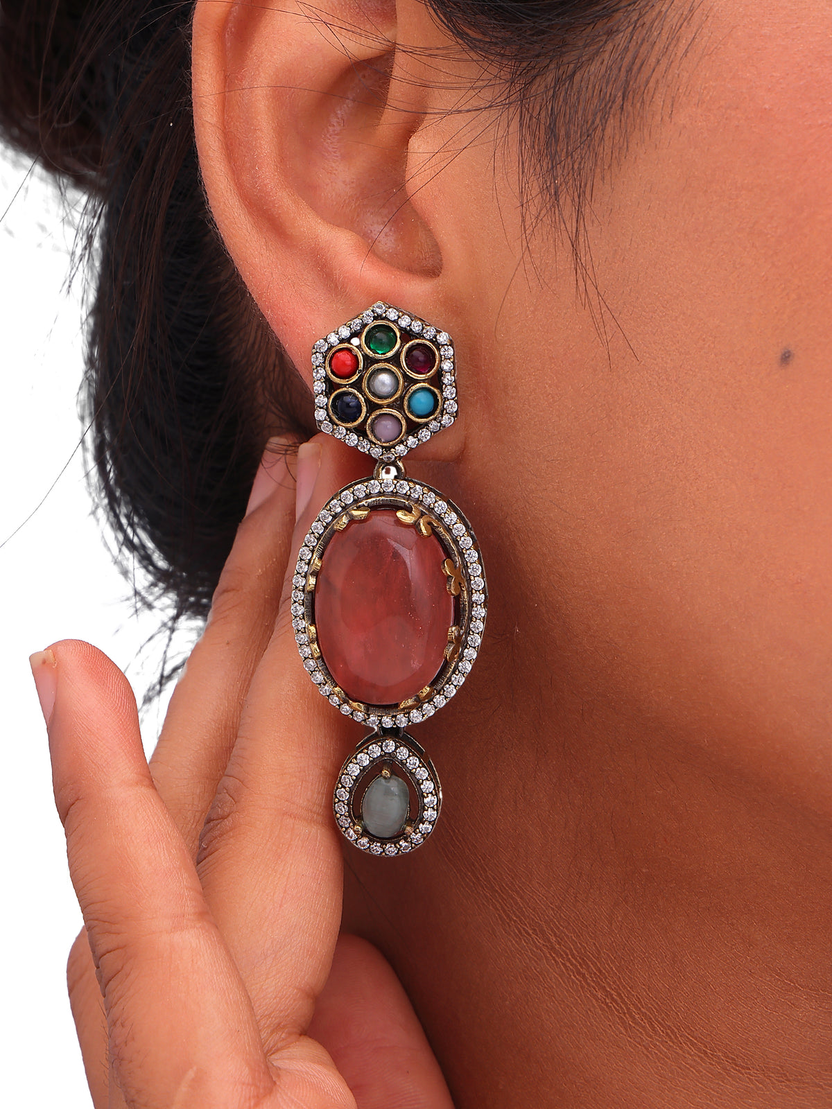 Multicolor Statement Drop Earrings with Pink Oval Stone & Crystal Detailing