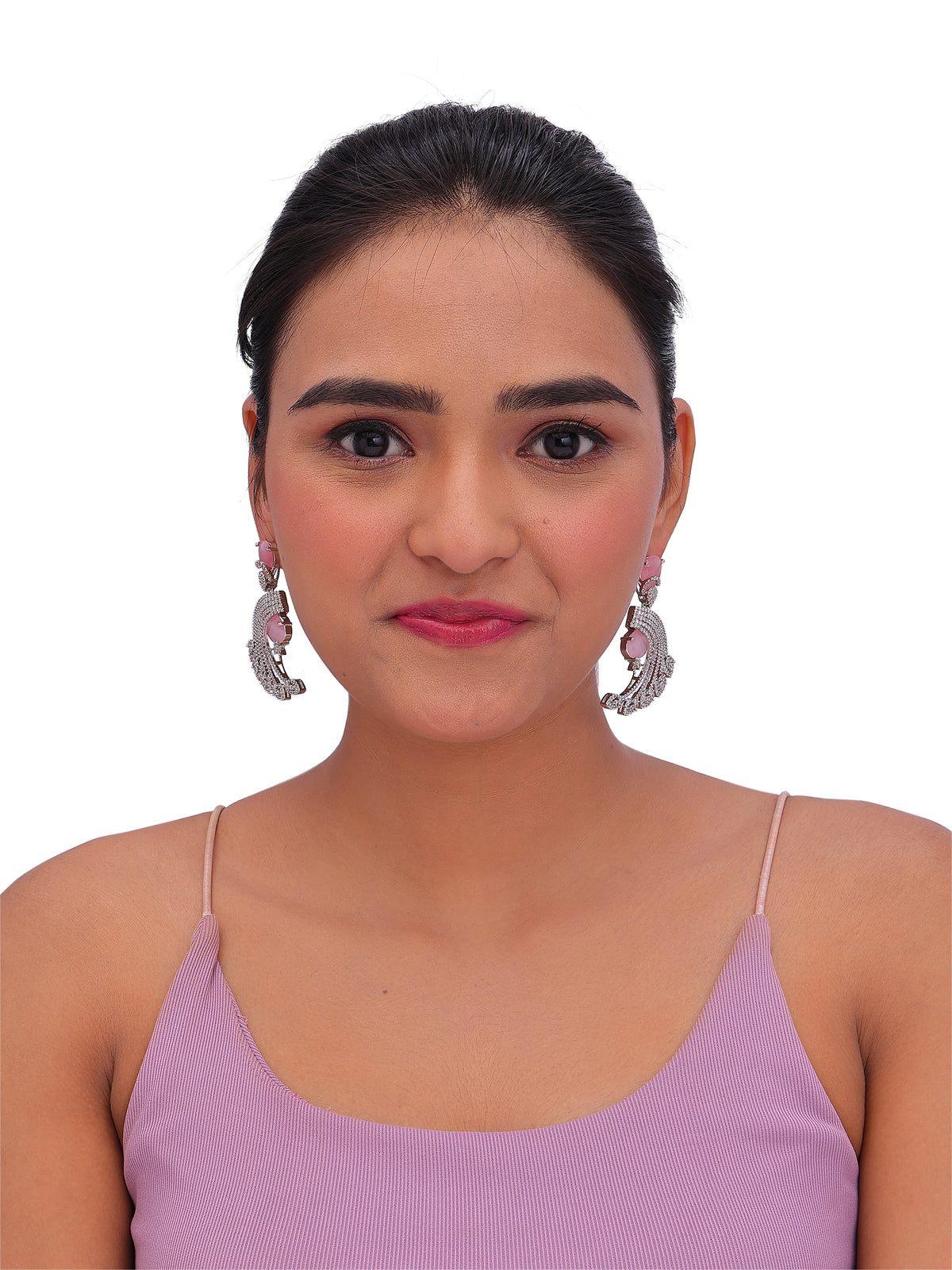 Elegant Pink & Silver Crystal Statement Drop Earrings for Women