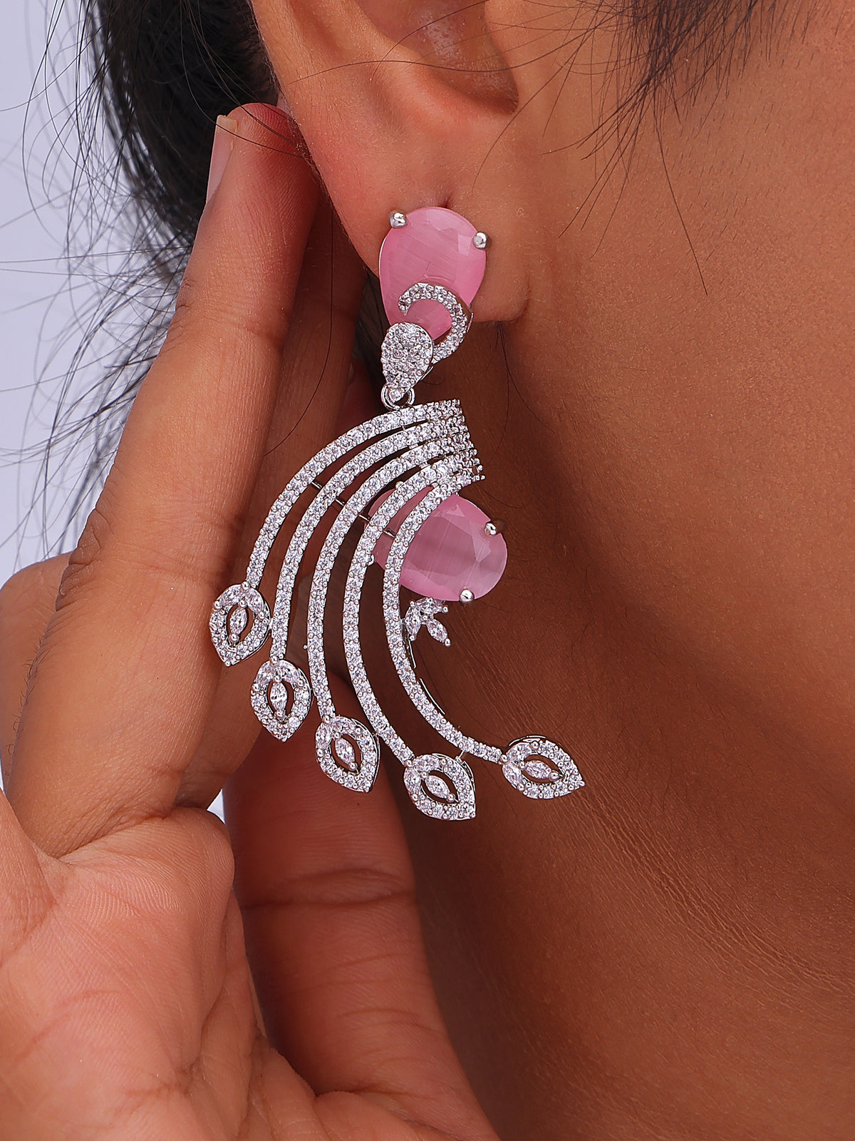 Elegant Pink & Silver Crystal Statement Drop Earrings for Women