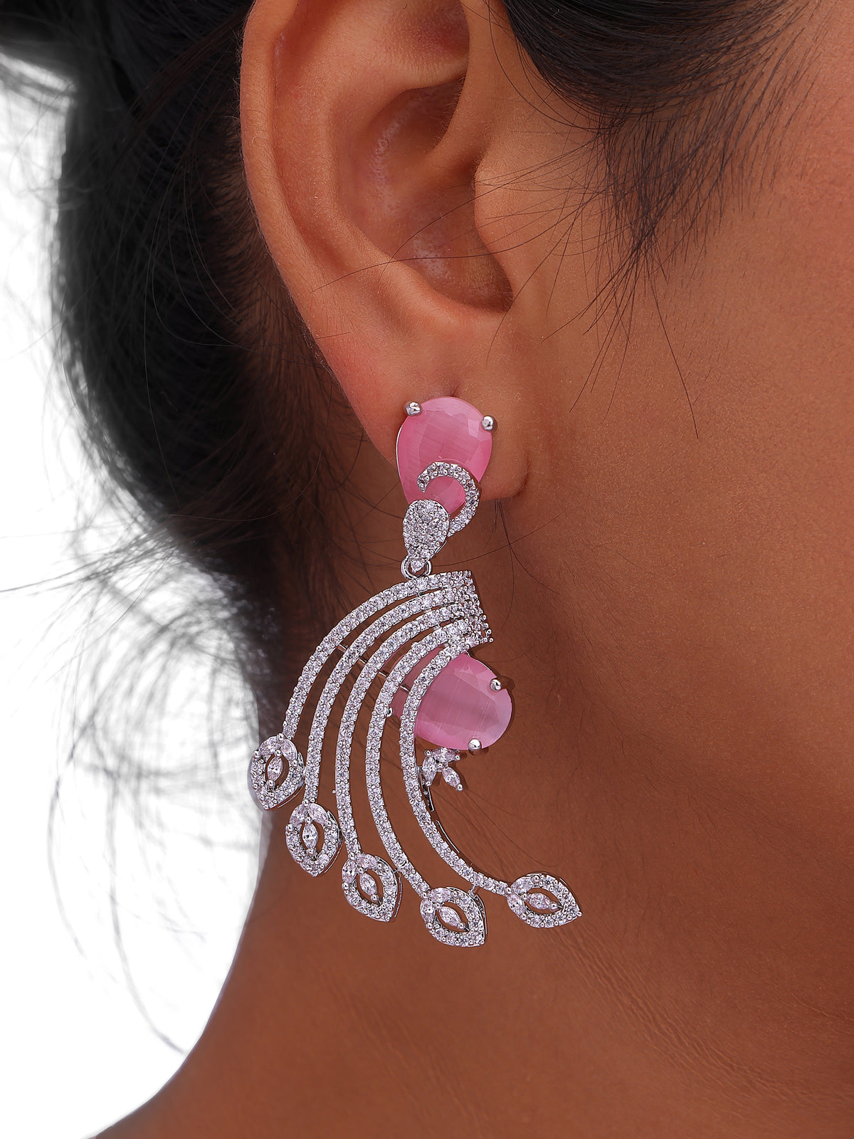Elegant Pink & Silver Crystal Statement Drop Earrings for Women