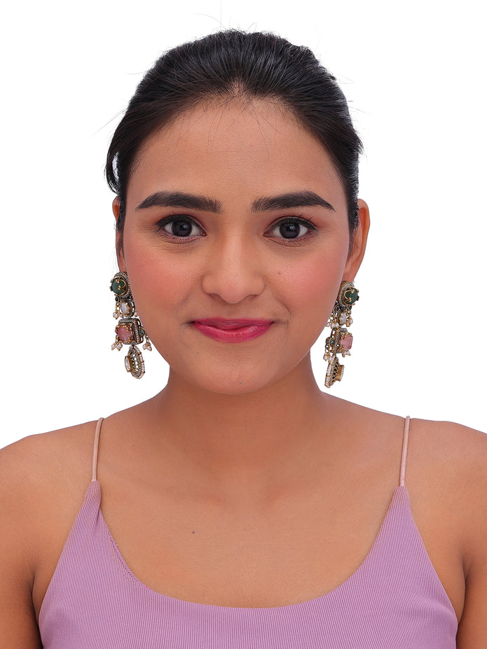 Multicolor Kundan Pearl Statement Drop Earrings with Green & Pink Stones