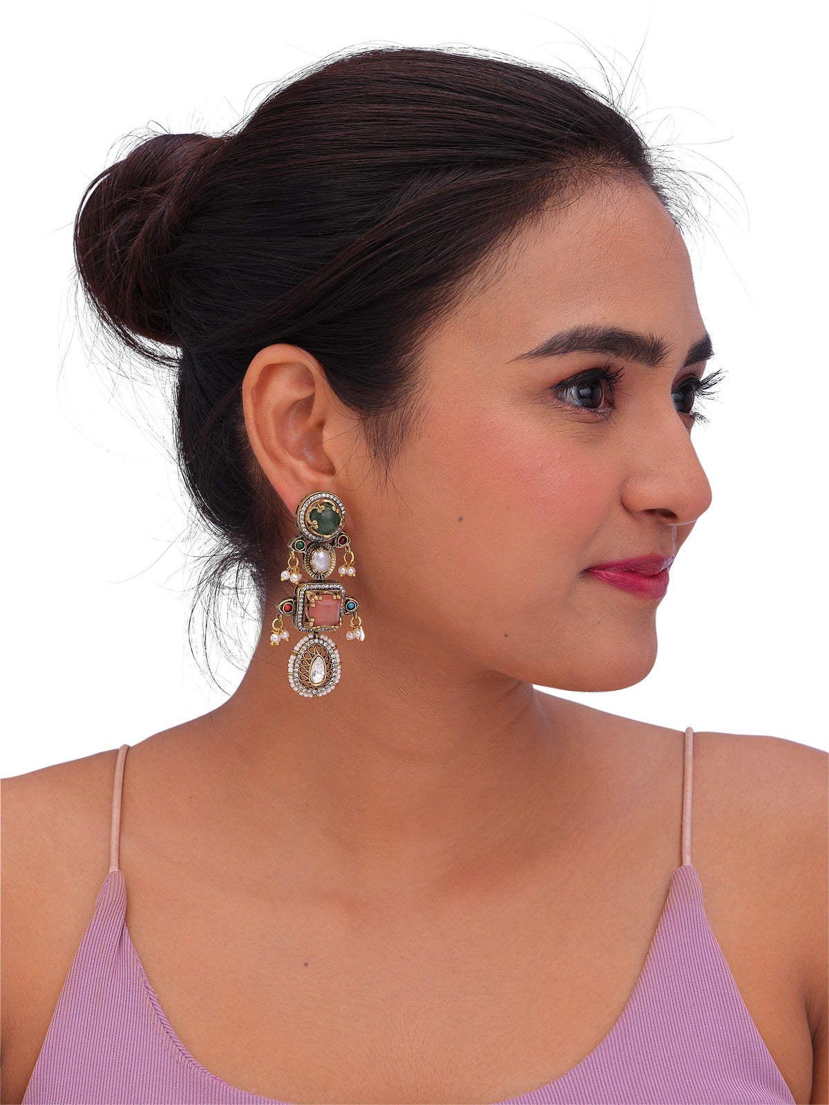 Multicolor Kundan Pearl Statement Drop Earrings with Green & Pink Stones
