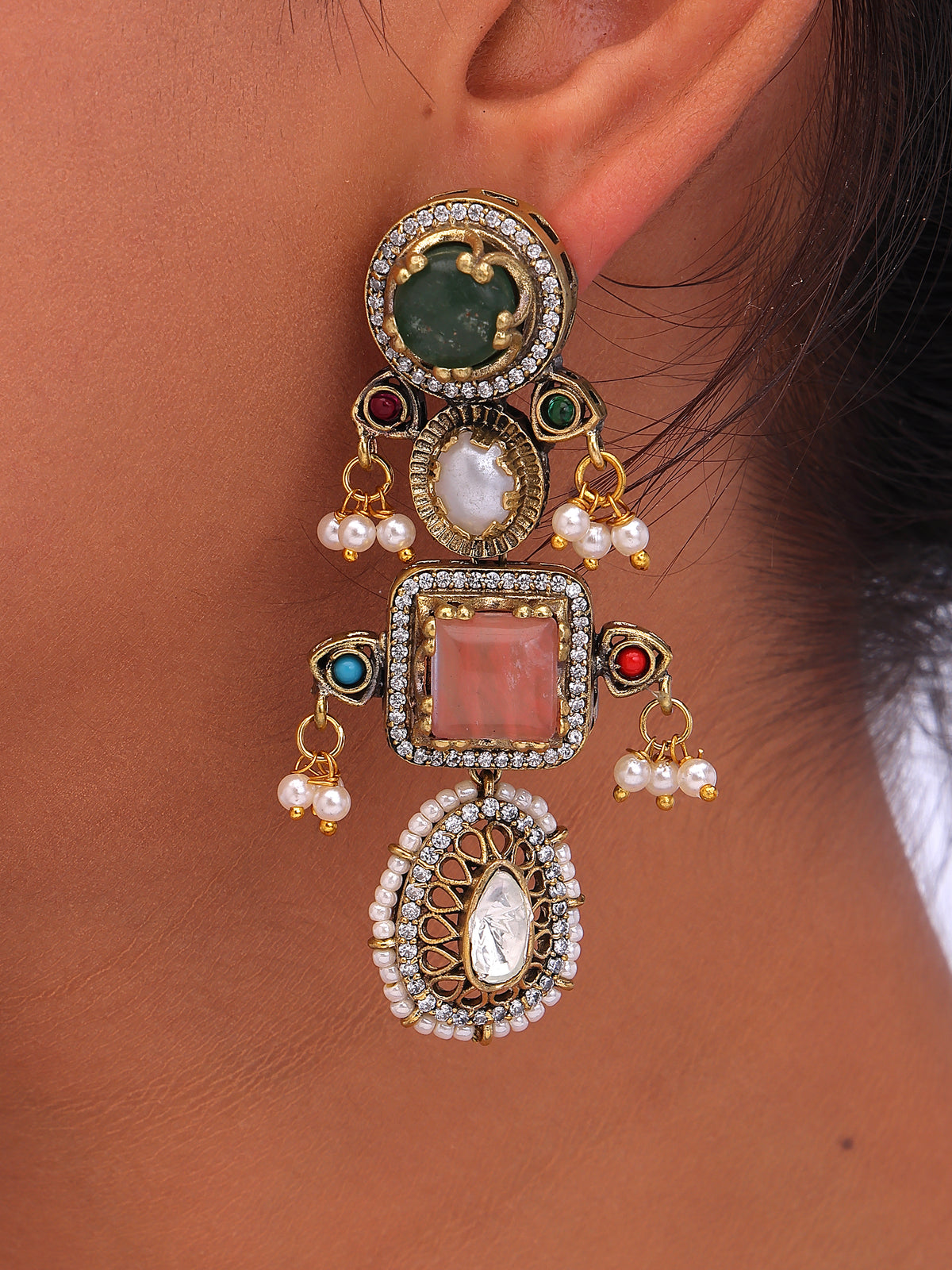 Multicolor Kundan Pearl Statement Drop Earrings with Green & Pink Stones