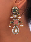 Multicolor Kundan Pearl Statement Drop Earrings with Green & Pink Stones