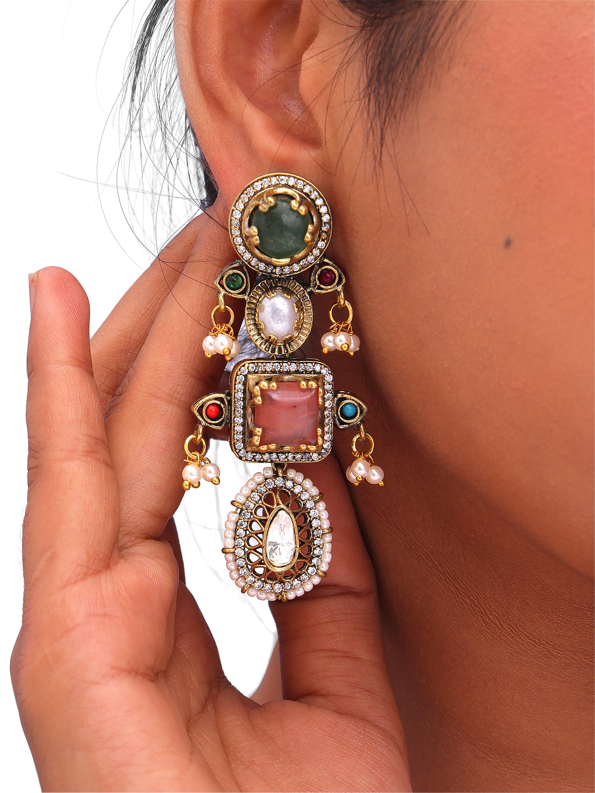 Multicolor Kundan Pearl Statement Drop Earrings with Green & Pink Stones