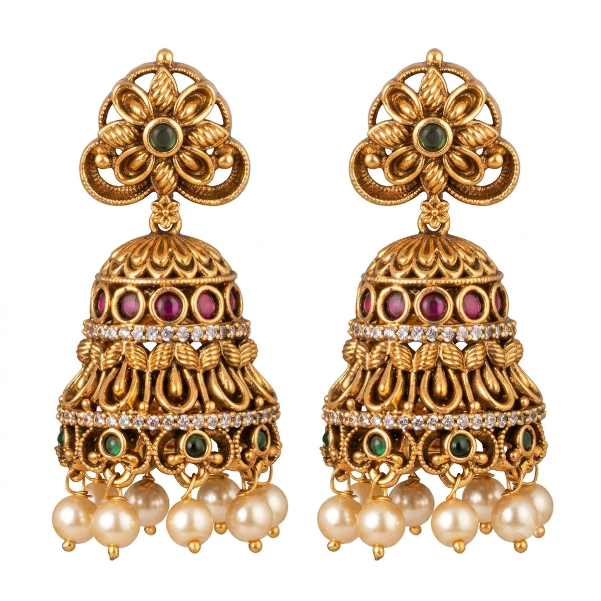 Floral Multistone Pearl Jhumkas