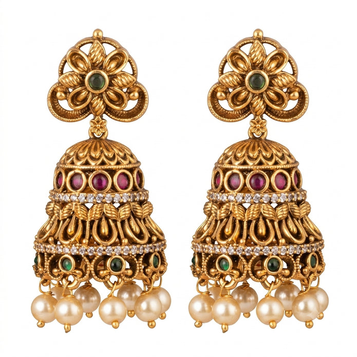 Floral Multistone Pearl Jhumkas