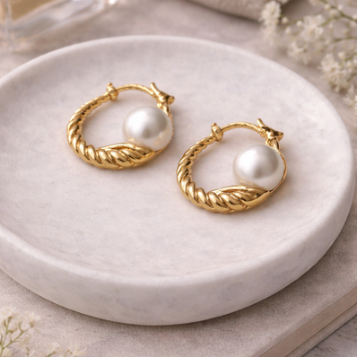 Pearl hoop Gold Earrings