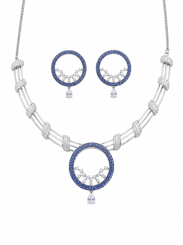 Blue Circular Statement Necklace & Earrings Set