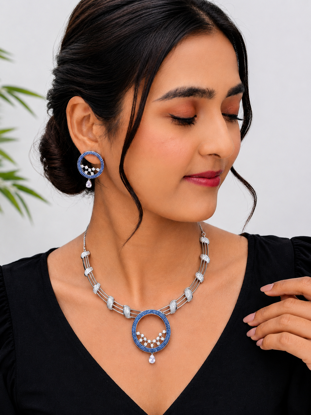 Blue Circular Statement Necklace & Earrings Set