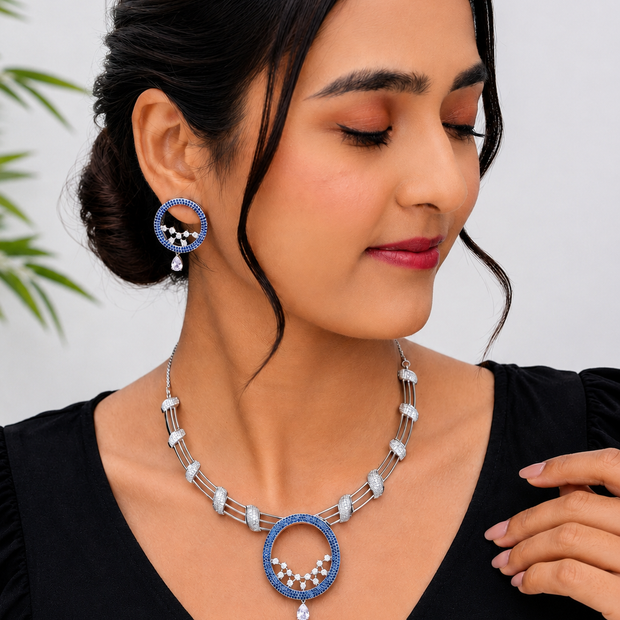 Blue Circular Statement Necklace & Earrings Set