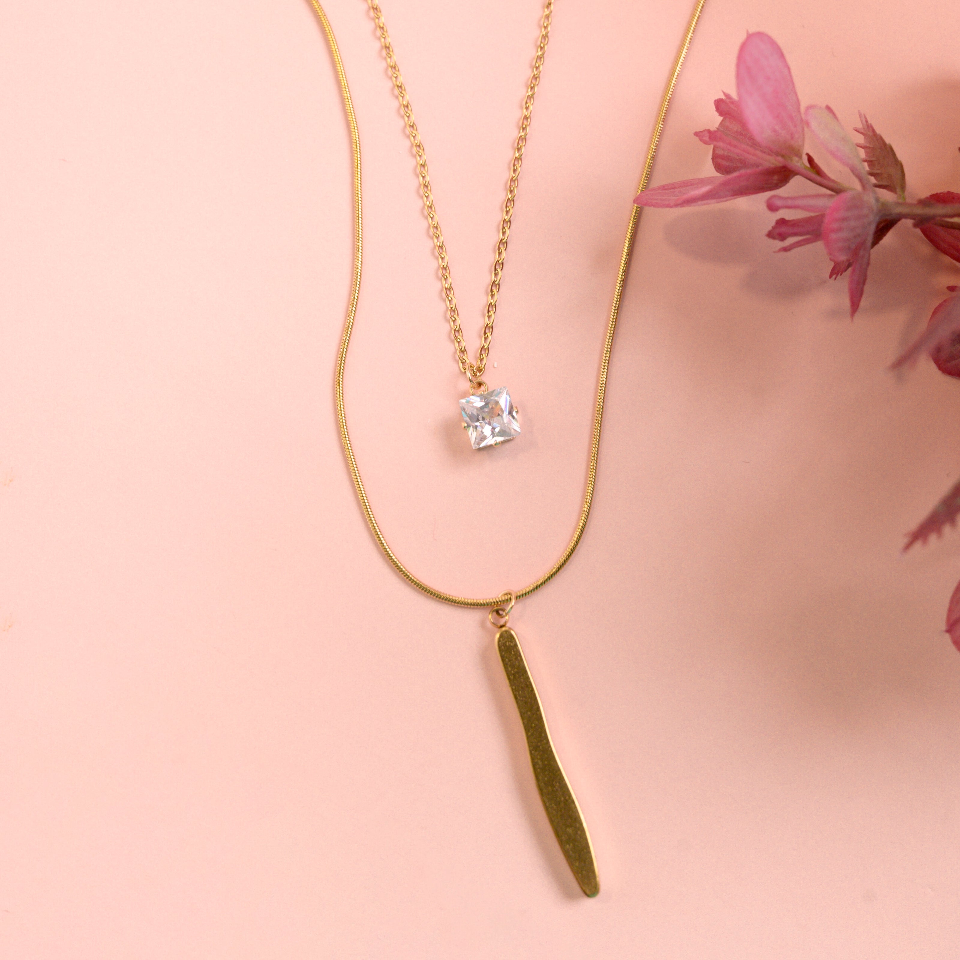 Elegant Gold-Tone Layered Necklace with Crystal Pendant