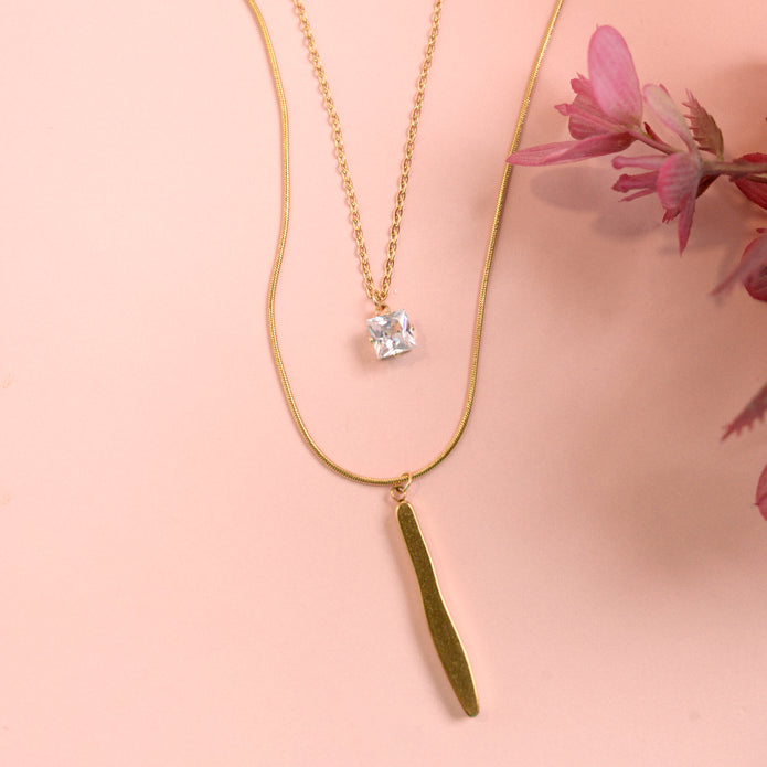 Elegant Gold-Tone Layered Necklace with Crystal Pendant