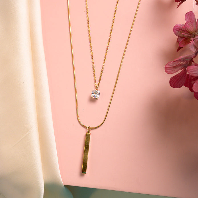 Elegant Gold-Tone Layered Necklace with Crystal Pendant