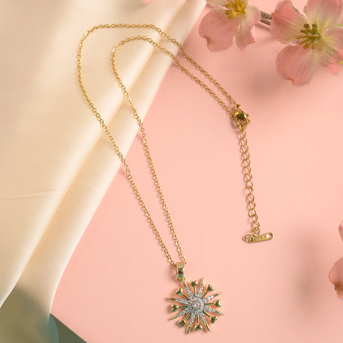 Elegant Gold-Tone Sunburst Pendant Necklace with Sparkling Crystal Stones