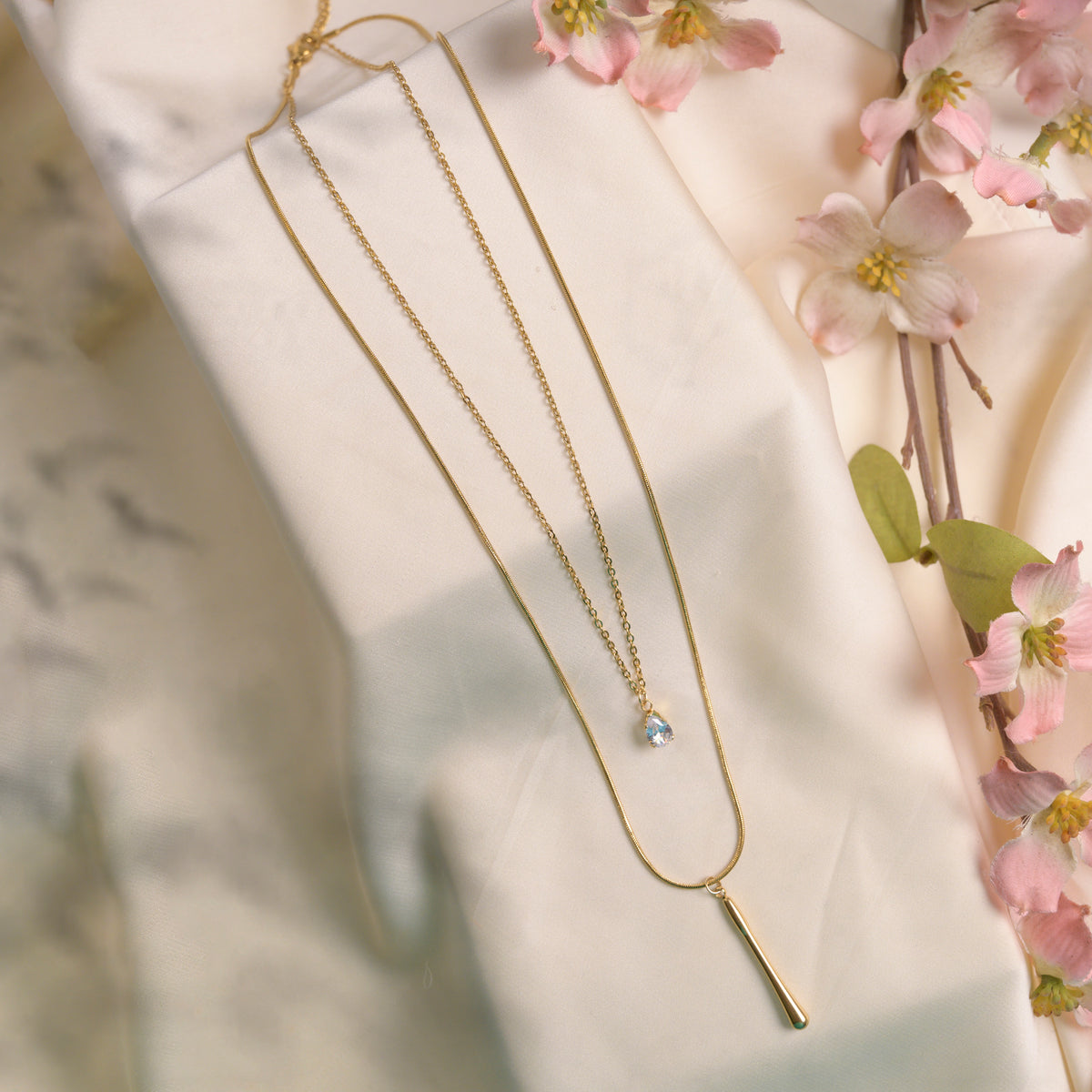 Elegant Gold-Tone Layered Necklace with Crystal Pendant & Long Bar Charm