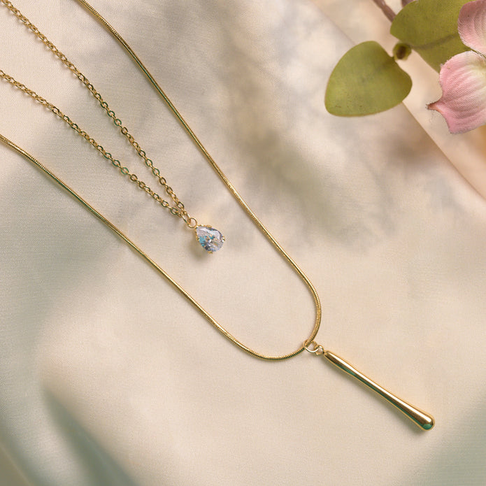 Elegant Gold-Tone Layered Necklace with Crystal Pendant & Long Bar Charm