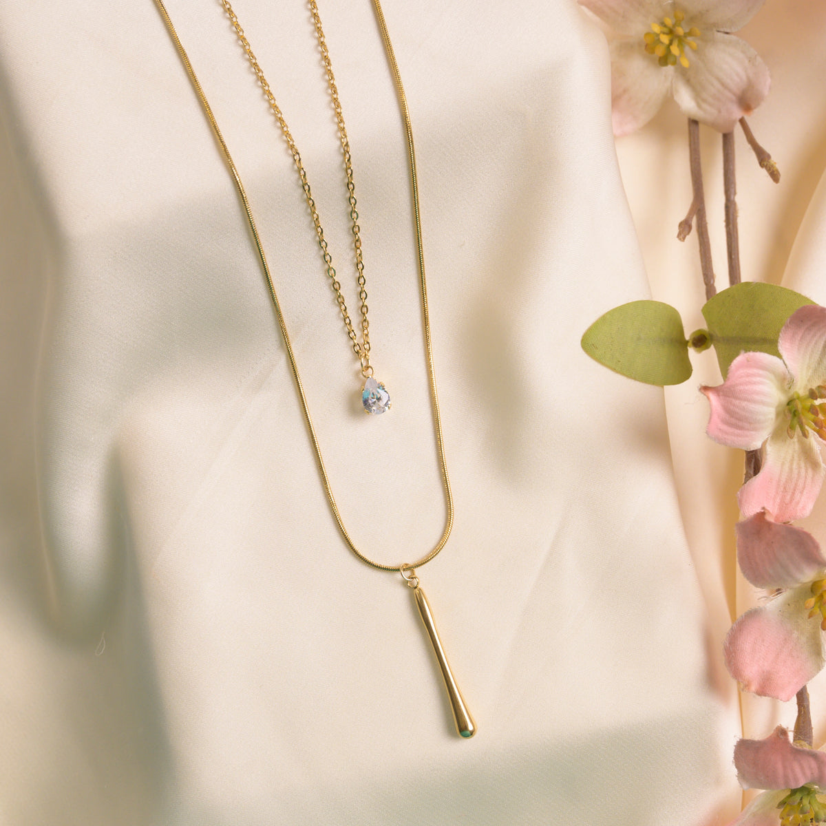 Elegant Gold-Tone Layered Necklace with Crystal Pendant & Long Bar Charm