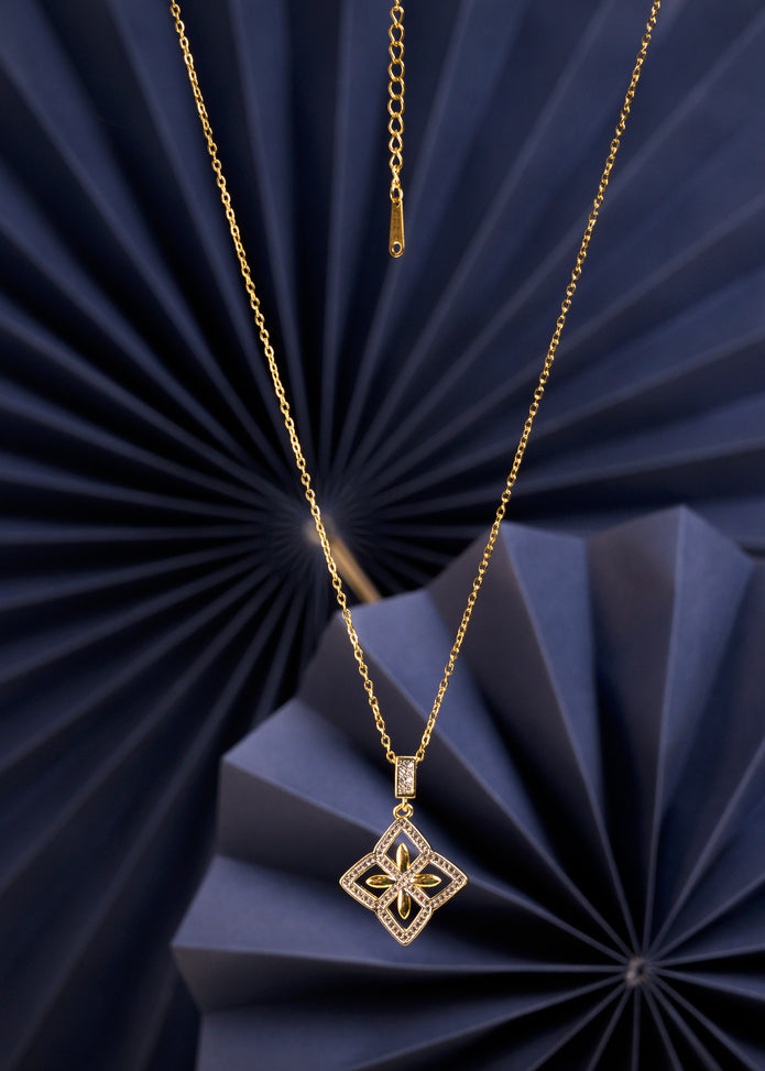 Gold Diamond-Shaped Pavé Flower Pendant Necklace