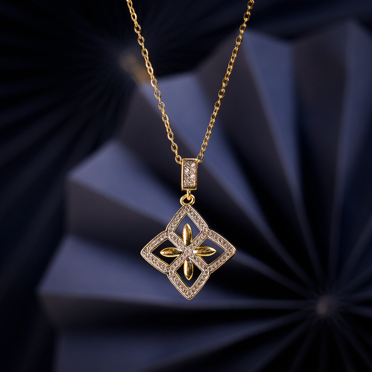 Gold Diamond-Shaped Pavé Flower Pendant Necklace
