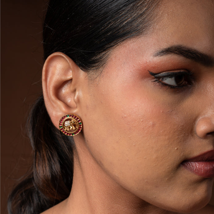 Elephant Coin Motif Stud Earrings