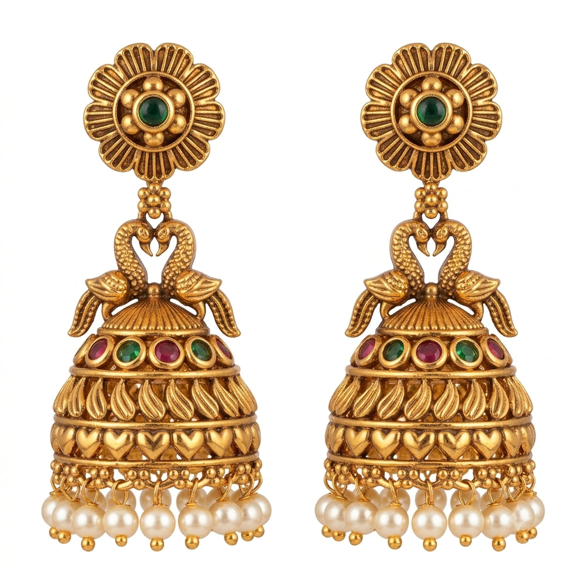 Twin Peacock Crown Pearl Jhumkas