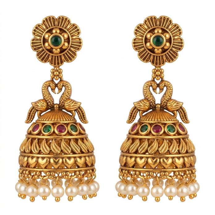 Twin Peacock Crown Pearl Jhumkas