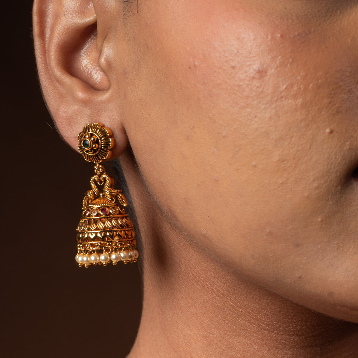 Twin Peacock Crown Pearl Jhumkas