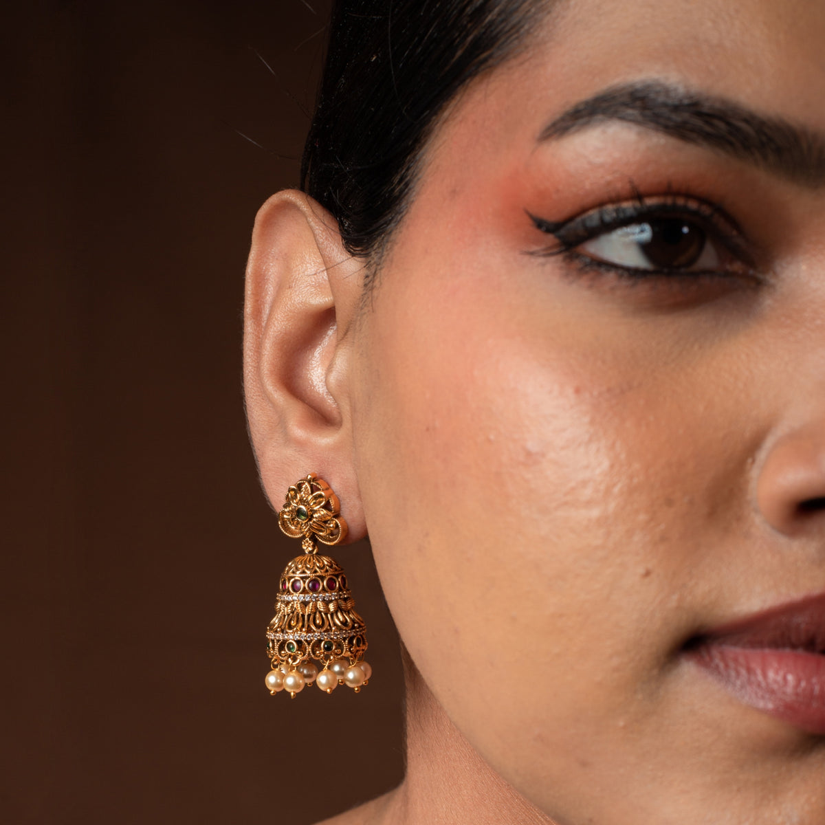 Floral Multistone Pearl Jhumkas