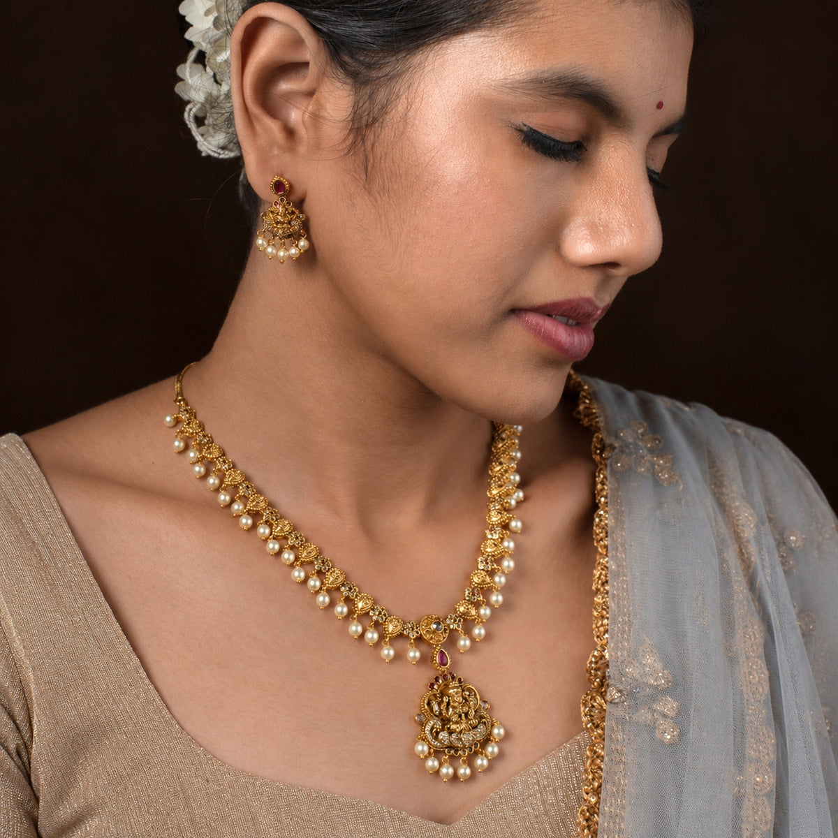 Lakshmi Pearl Cascade Necklace Set